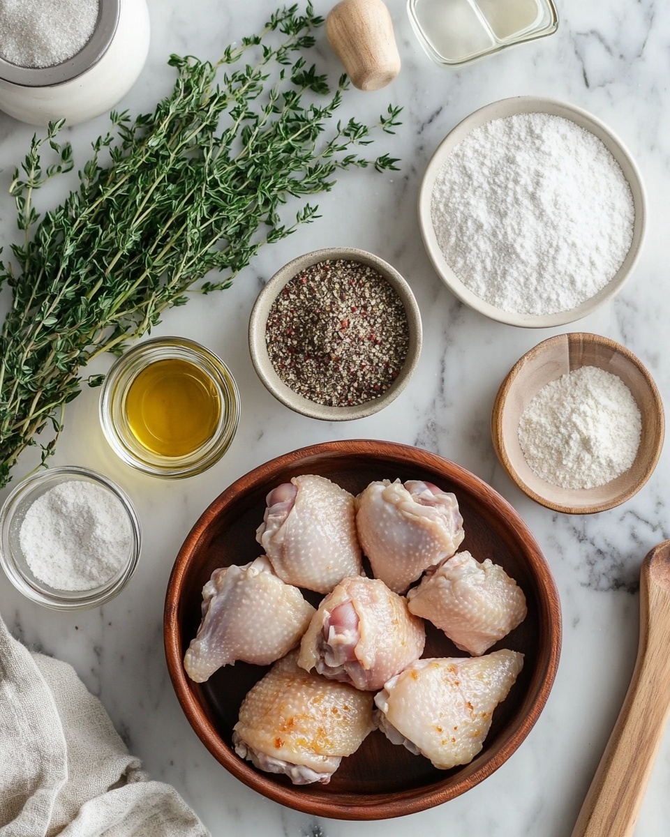 A vibrant flat lay of fresh ingredients: raw chicken thighs, rosemary sprigs, lemons, garlic cloves, olive oil, salt, black pepper, and paprika. The composition is clean and inviting.