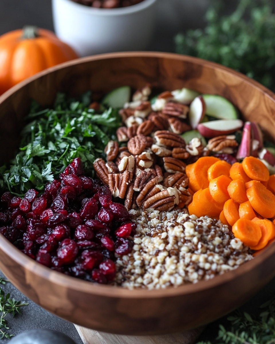 Autumn Harvest Grain Salad: Cranberry Pecan & Roasted Veggie Recipe 2 Assortment of fresh ingredients for Autumn Harvest Grain Salad, including quinoa, cranberries, pecans, various root vegetables, and herbs.