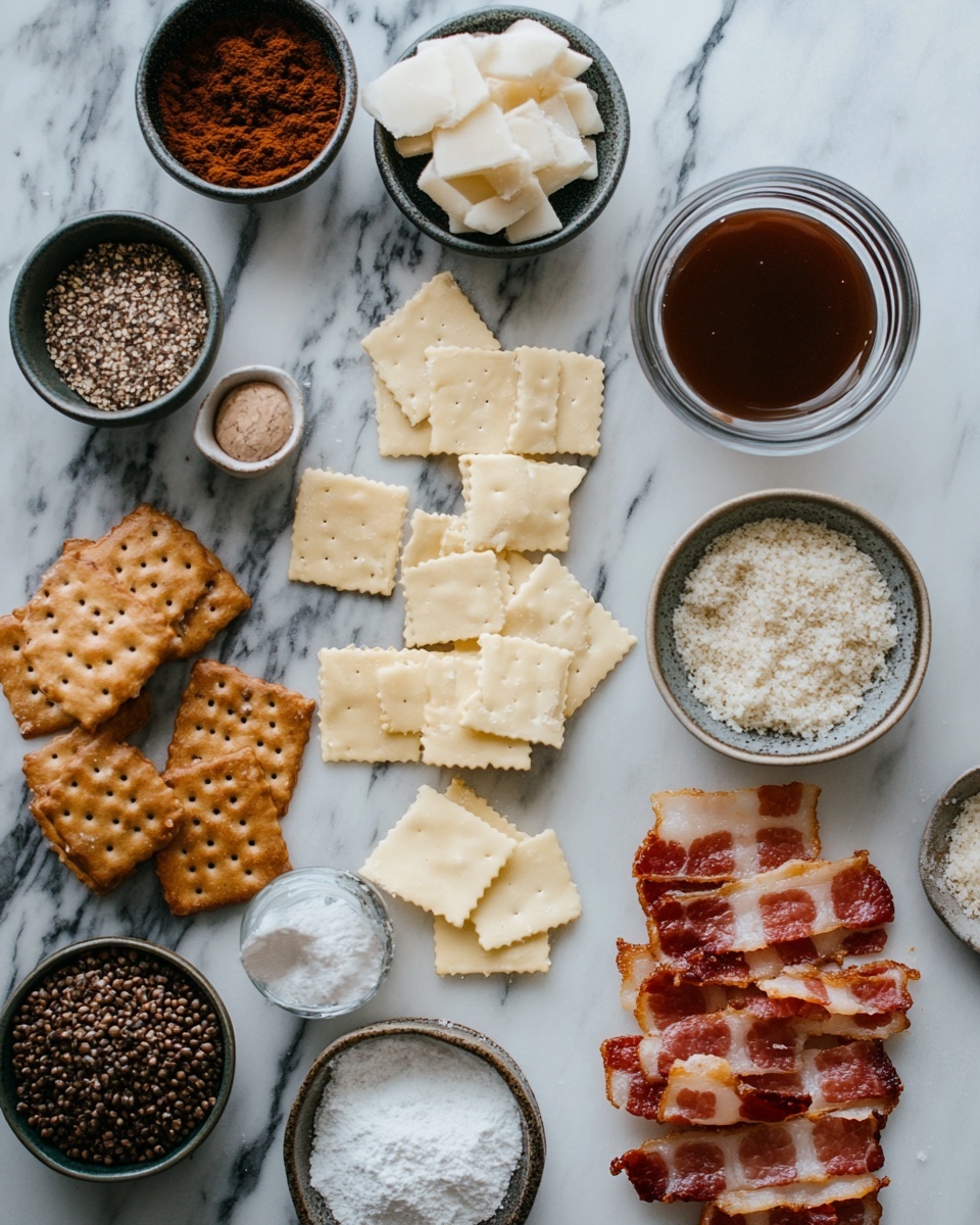 A beautifully arranged flat lay of ingredients for Parmesan Candied Bacon Crackers, including crisp crackers, strips of raw bacon, a bowl of grated Parmesan cheese, a jar of maple syrup, and a sprinkle of brown sugar.