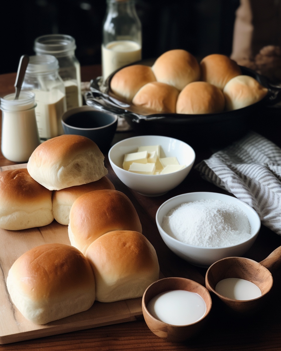 A beautiful flat lay image showcasing the fresh ingredients for baking perfect dinner rolls, including flour, active dry yeast, warm milk, granulated sugar, melted butter, a large egg, and salt, all meticulously arranged on a rustic wooden surface.
