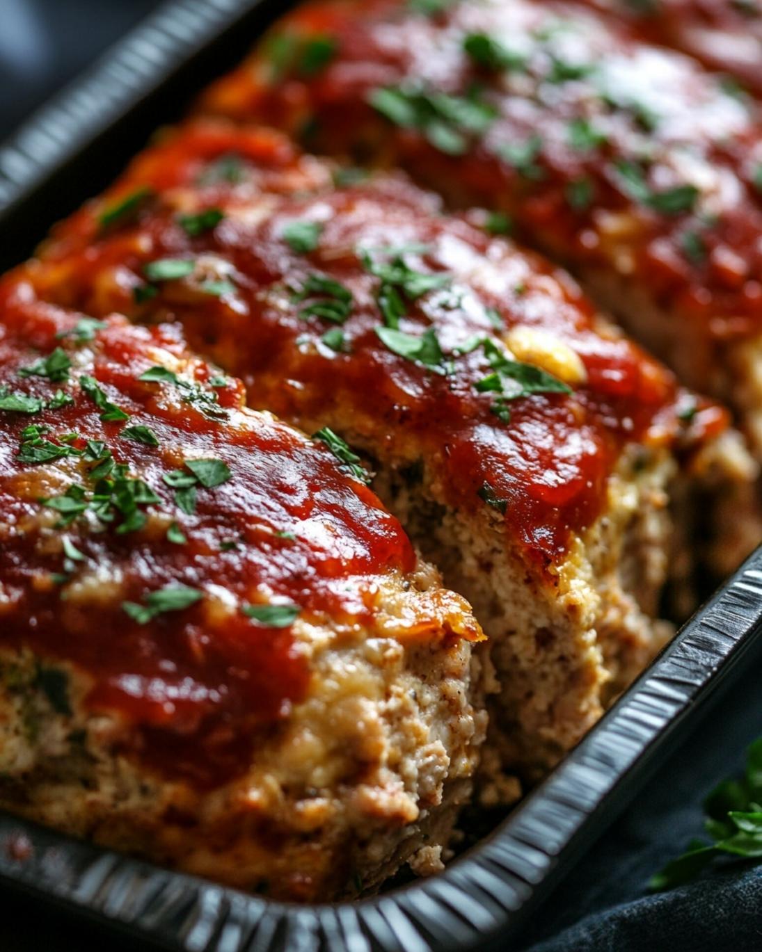 Savory Garlic Parmesan Chicken Meatloaf in a loaf pan